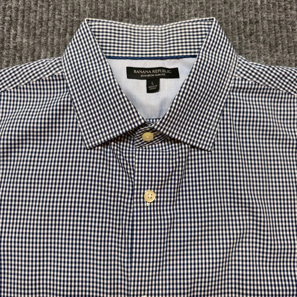 Banana Republic Non-Iron Slim Fit Shirt Mens L Blue White Gingham Button Down